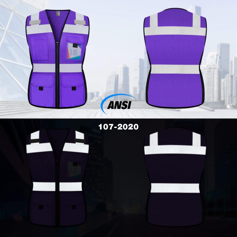 TCCFCCT Women Construction Work Vest 11 Pockets Snug-Fit High Visibility Reflective Vest with Zipper, Neon Safety Vest for Lady Contractors/Surveyors/Workers, Durable to Use, Meets ANSI, Purple XL - Image 2